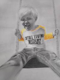 photorealism portrait of a boy on a swing, fotorealistische Zeichnung eines Jungen auf der Schaukel